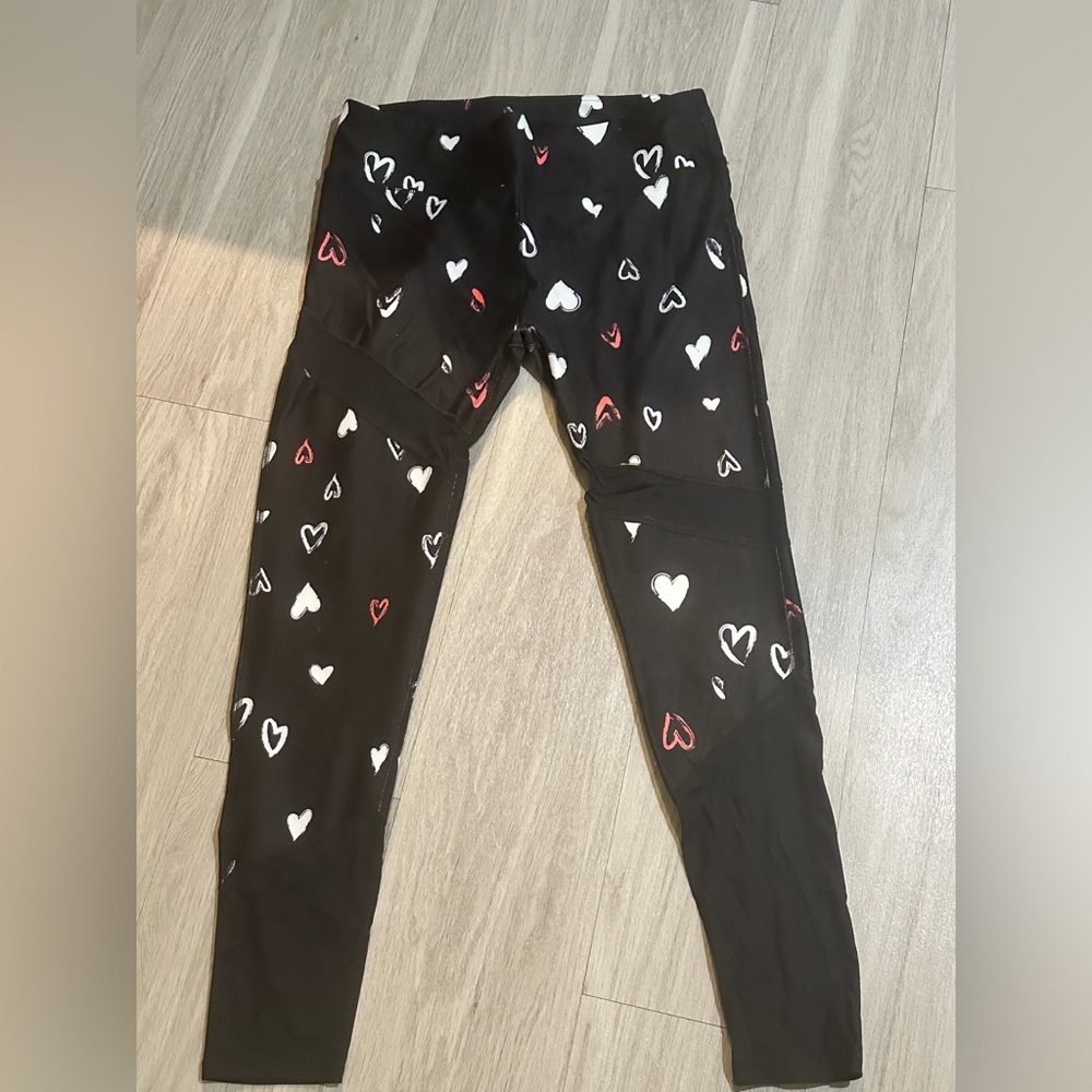 Fabletics Black Leggings with White and Red Heart Print